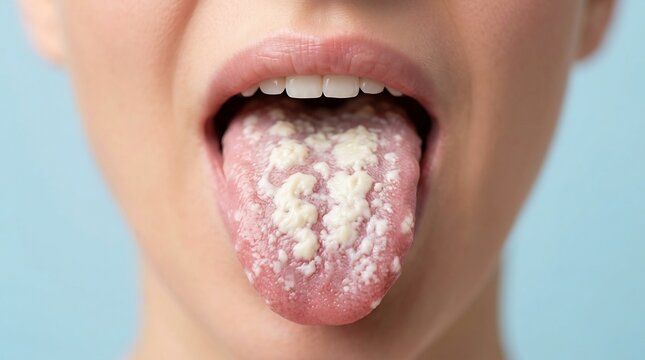Close-up of a person's open mouth showing a tongue with white coating and plaque deposits