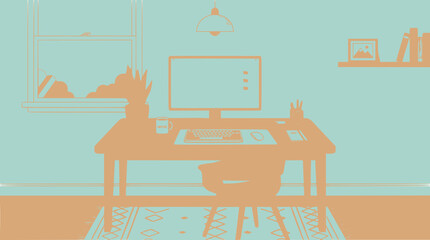 Fototapeta premium Minimalist home office setup with computer desk, chair, monitor, and window view.