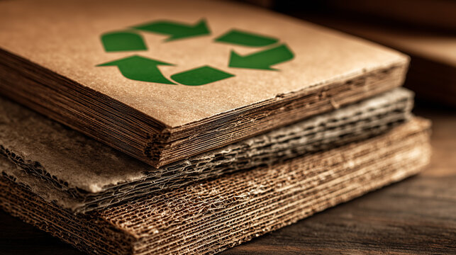Recycling symbol on stacked cardboard packaging sheets representing sustainable waste management and eco friendly paper reuse concept