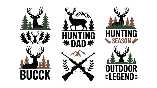 Hunting themed graphic designs with deer silhouettes and outdoor elements on white background