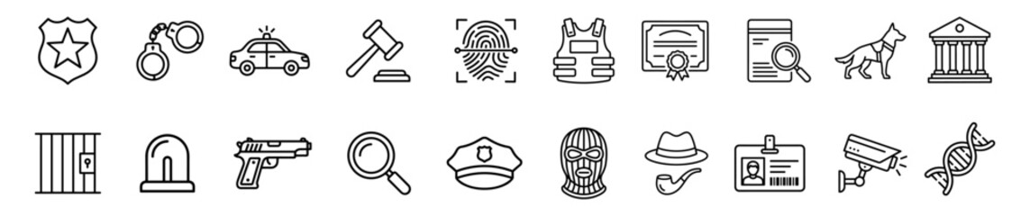 Set of linear icons related to police work, law enforcement, and crime investigation including badges, handcuffs, police car, gavel, fingerprint, bulletproof vest © Людмила Дацко