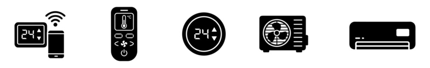Naklejka premium Set of black icons representing air conditioner controls, remote, thermostat, fan unit, and wall-mounted AC unit on transparent background