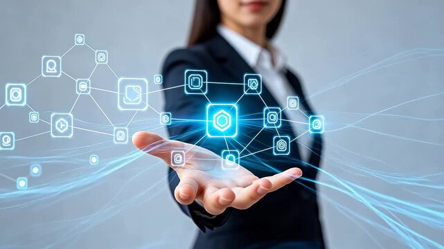Woman in suit holding virtual network interface with glowing icons