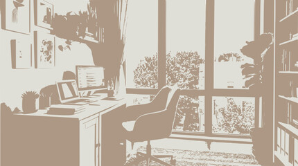 Fototapeta premium Cozy Home Office with Desk, Laptop, Chair, Bookshelf, and Window View