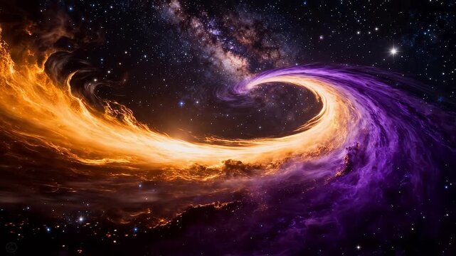 Golden and purple swirling nebula with glowing stars in deep space