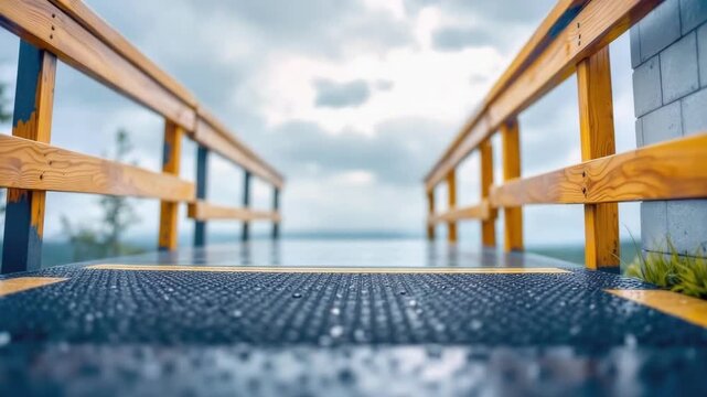 Rainy day wooden deck pathway with ocean view and dramatic cloudy sky