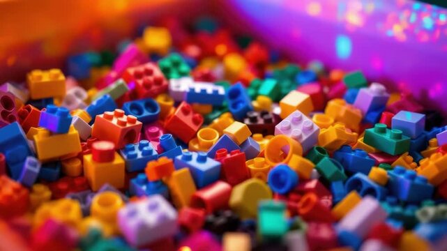 Colorful assortment of interlocking building blocks in a vibrant container