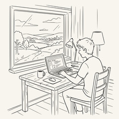 Obraz premium Man working on laptop by window with scenic rural landscape view