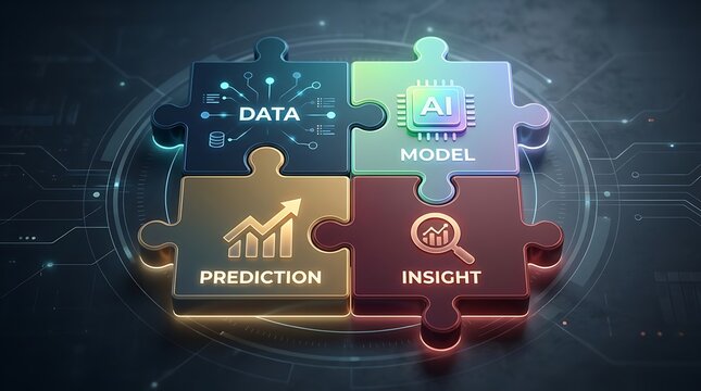 Digital intelligence puzzle pieces connecting data, AI models, predictions, and insights for advanced business analytics and strategic decision making