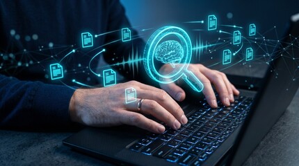 Fototapeta premium Vector database search and semantic retrieval system. AI powered enterprise knowledge query processing. Businessman using laptop computer.