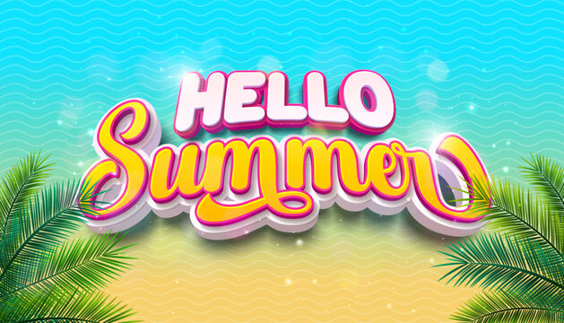 Hello Summer Banner Design with Palm Leaves and 3d Typography Lettering on Beach Background. Vector Vacation Holiday Illustration with Sunshine for Flyer, Invitation, Brochure, Poster or Greeting Card