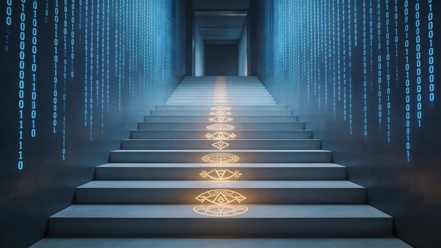 Stairway with glowing symbols and binary code