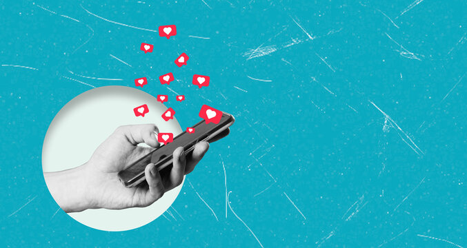 Contemporary art collage artwork featuring a hand holding a modern phone, heart social media badge.