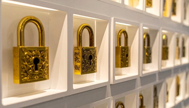Golden locks displayed in recessed white squares, close-up block