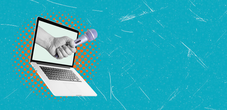 Collage art, the hand with a microphone sticking out of the laptop on blue background.
