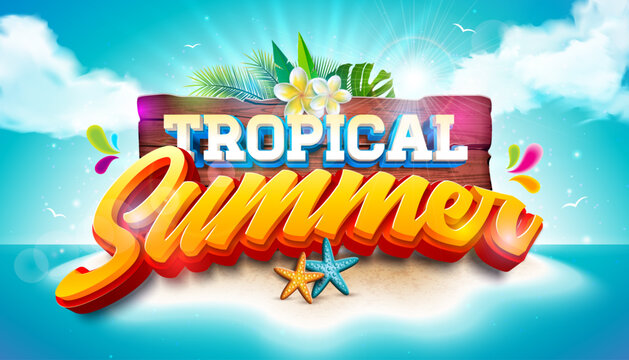 Summer Holiday Banner Design with Flower, Beach Ball and Typography Lettering in Vintage Wood Board on Tropical Island Background. Vector Vacation Illustration with Sunshine for Flyer, Invitation