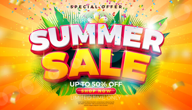 Summer Sale Banner Design with Flower, Tropical Palm Leaves and Typography Lettering on Sun Yellow Background. Vector Vacation Shopping Day Illustration with Special Offer Typography for Coupon