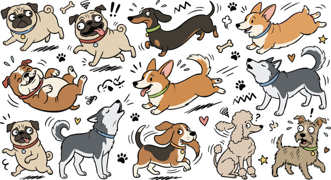 Cute Cartoon Dog Breed Character Vector Set with Funny Pugs Corgis Huskies and Bulldogs for Kids Design Patterns and Stickers