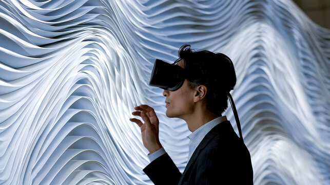 Futuristic virtual reality immersive wave digital abstract interactive headset technology innovation person uses virtual reality headset near abstract wave wall for immersive digital art