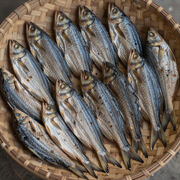 Dried bonga fish in a woven straw basket