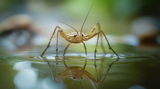 Water strider insect stands on the surface of a pond with a clear reflection.