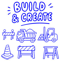 Naklejka premium Build and create construction doodle illustration with truck barriers and forklift equipment