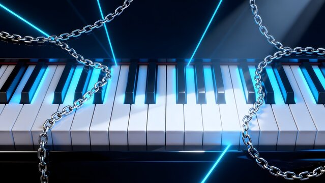 Piano keys with chains and blue lights