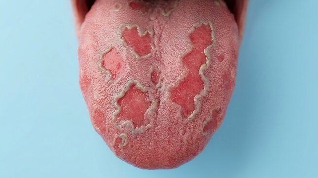 Macro view of a human tongue showing red lesions with white borders on a plain blue background