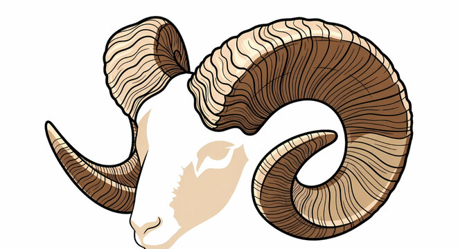 Stylized artistic drawing of a ram head with large horns