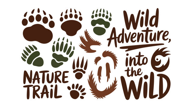 Wild adventure into the wild nature trail with animal tracks and paws illustration