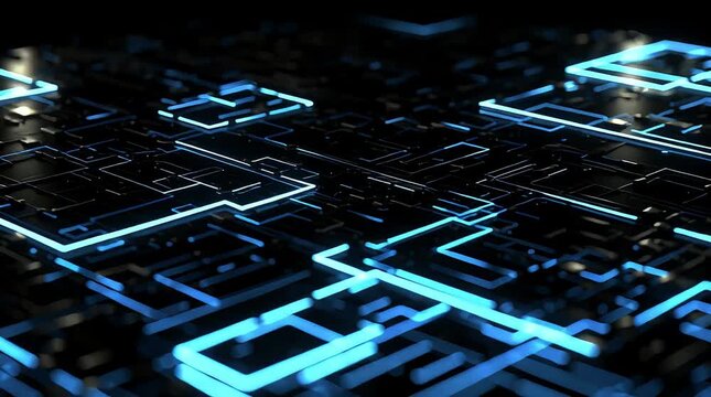 Abstract technology digital circuit board background with glowing blue neon light lines representing artificial intelligence data flow computer hardware
