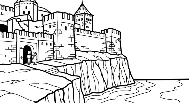 Medieval cliffside castle illustration with fortified stone walls.