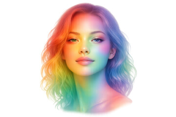Obraz premium Beautiful woman portrait with rainbow light on face and wavy hair, isolated PNG on transparent background, vibrant beauty concept for fashion, makeup, diversity, pride and modern art design