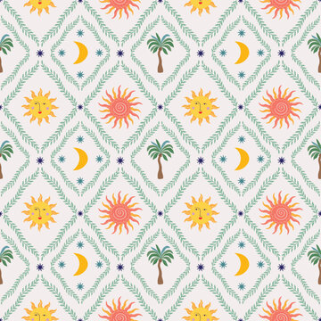 Elegant seamless pattern with a mystical sun and tropical palm trees,Victorian-style frames. Boho celestial aesthetic with vintage ornamental details, perfect for wallpapers, textiles, packaging