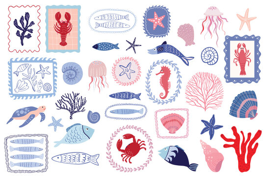 Vintage marine elements collection in red and blue nautical style, coastal summer aesthetic artwork with seashells, coral, fish, lobsters and coastal ornaments