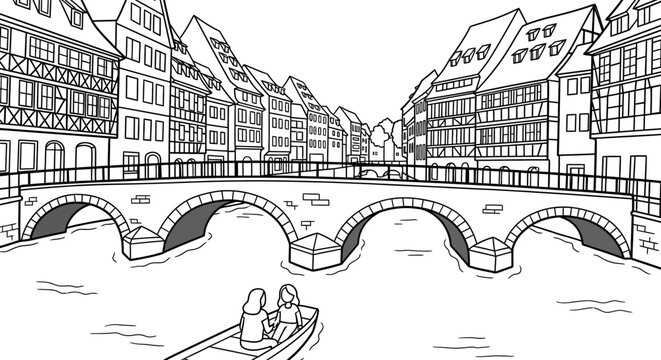Charming canal with historic bridges and small boat scene.