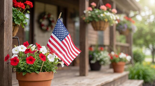 Front porch flower pot American flag patriotic Independence Day Fourth July Americana home decor &mdash; cheerful summer atmosphere scene for landscaping marketing and porch styling inspiration content