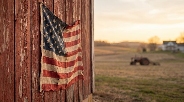 Patriotic American flag aged barn wood Fourth July Independence Day rural heritage Americana &mdash; farmhouse backdrop celebrating countryside traditions for agritourism advertising and farm branding