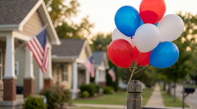 Red white blue balloons mailbox Fourth July Independence Day patriotic suburban neighborhood Americana &mdash; welcoming summer scene for party supply marketing and community block party event promotion