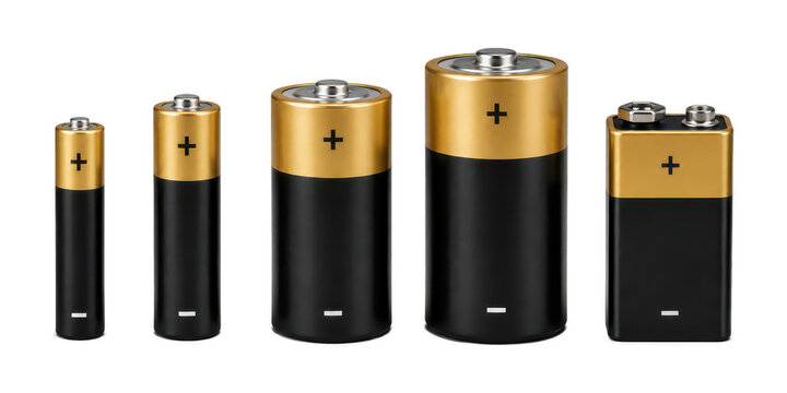 Collection of various household batteries including AA, AAA, C, D, and 9 volt battery isolated on white background, portable energy storage and power supply concept for electronics and technology