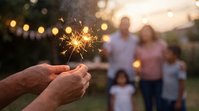 Glowing sparklers held hands Fourth July Independence Day patriotic Americana backyard summer night &mdash; festive scene for nightlife event promotion New Year celebration marketing and party catalogs