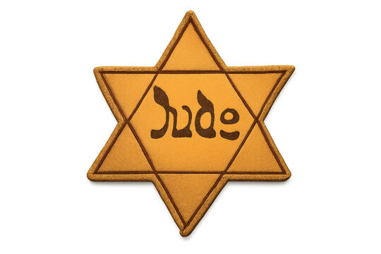 Yellow Star of David badge with Jude lettering, textured fabric and stitched dark outline, isolated PNG on transparent background, Holocaust remembrance, Jewish history and memorial symbols.