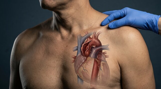 Anatomical illustration of a human heart with aortic dissection overlay on a man's chest with a medical professional's gloved hand