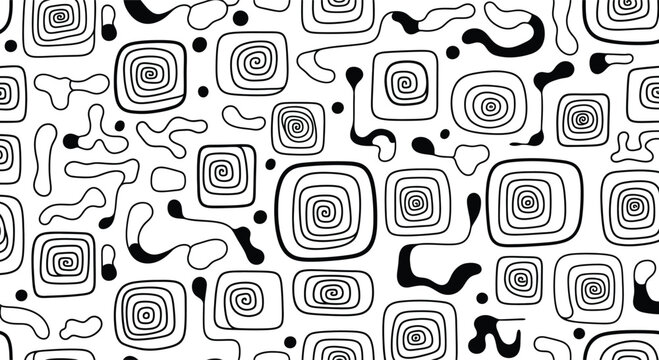 Abstract black and white seamless pattern with spirals squares and organic shapes
