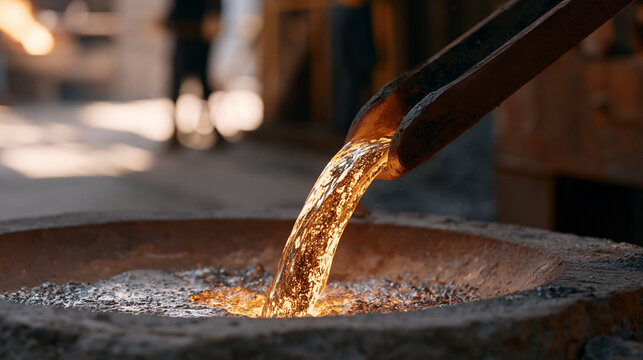 Hydrogen-fired electric arc furnace pouring molten green steel into casting mold inside industrial plant, sustainable metallurgy production sequence, clean manufacturing process dramatic single obje
