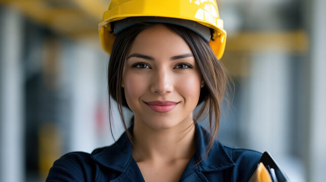 Asian female engineer safety helmet confident woman construction professional industrial background workwear portrait smiling face technology clipboard Asian female engineer wearing safety helmet