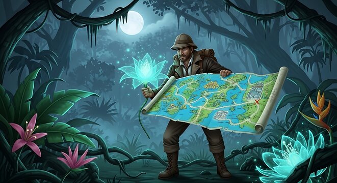 Explorer Holding Magical Map in Mystical Jungle.