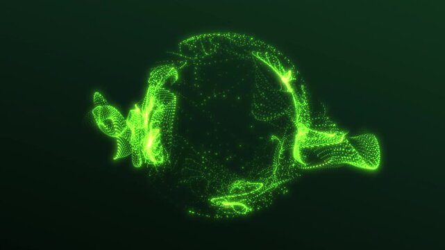 Green glowing particle sphere with digital energy motion on dark background, futuristic AI data core loop for cyber technology and science visuals