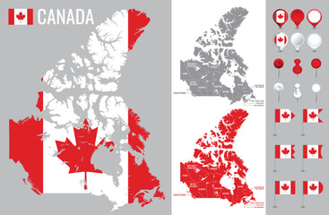 Naklejka premium Canada vector map with flag, globe and icons on white background