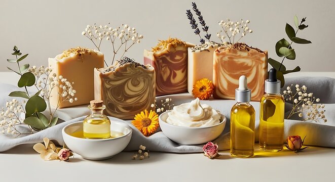 Natural handmade soaps and essential oils with botanical elements. gourmet skincare gifts